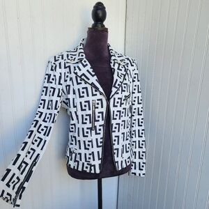 Insight White Black Geo Biker Jacket Women's Collared Zip Vehan Suede Pockets 10